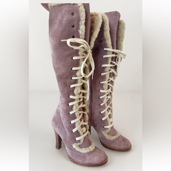 Vintage 90s Y2K Marc Jacobs Castoro Fur Lined Lace up Pink Blush Suede Heel Boot - Picture 3 of 13